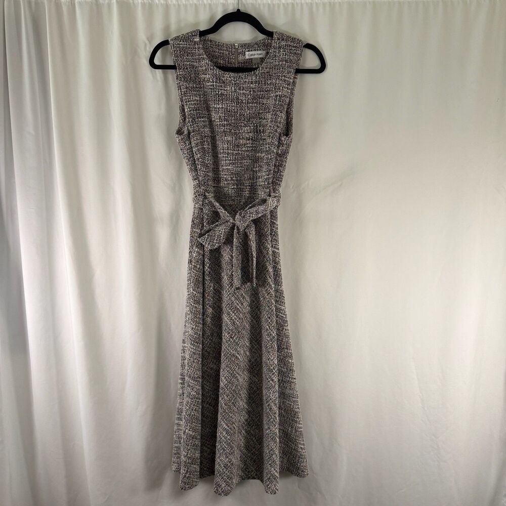 Calvin Klein Midi Dress Womens 8 White Black Sleeveless Round Neck Metallic Knit